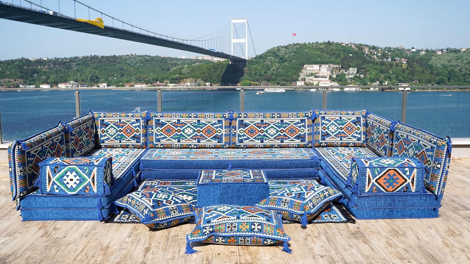 Arabic Floor Cushions Set, Pallet Sofas, Oriental Sofa, Moroccan Rug, Sectional Sofas, Arabic Majlis, Arabic Seating Set, Ottoman Couch (8'' Thickness Sofa, U Sofa Full Set, Royal Blue)