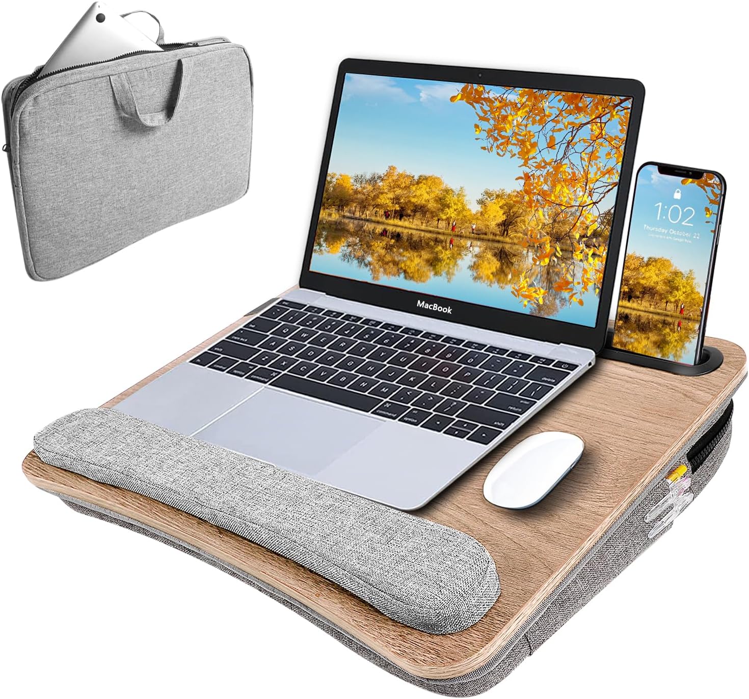 Lap Desk Laptop Bed Table: Home Office Portable Computer Lapdesk with Soft Cushion and Storage Bag - Wood Wide Writing Padded Tray for Work on Couch - Fits up to 15.6 Inch Laptop