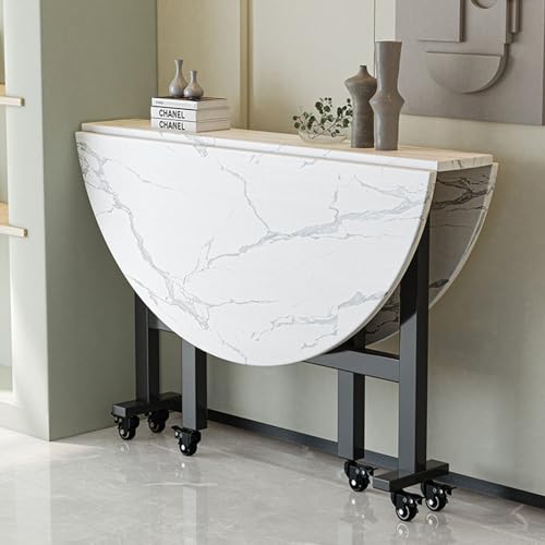 Round Folding Dining Room Table, Drop Leaf Tables for Small Spaces,Multifunctional Convertible Saving Pace Extendable Table, for Kitchen/Farmhouse/Living Room, Diameter 100cm, White