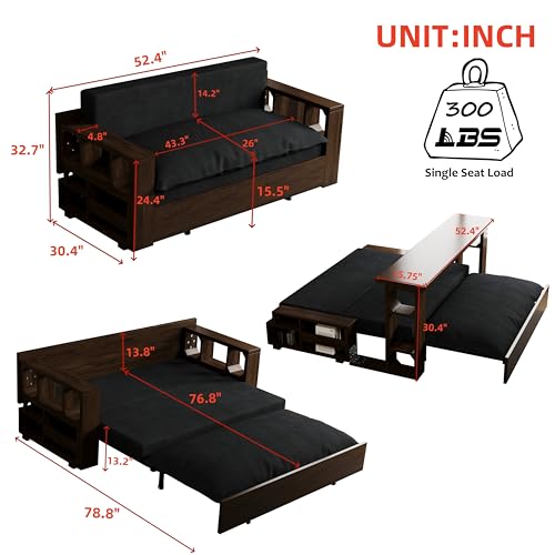 52'' Pull Out Sofa Couch Bed, 3-in-1 Convertible Sleeper Loveseat Sofa Couch with Side Storage, Hidden Office Desk, Velvet Futon Sofa Bed Couch for Living Room, Small Space, Beige