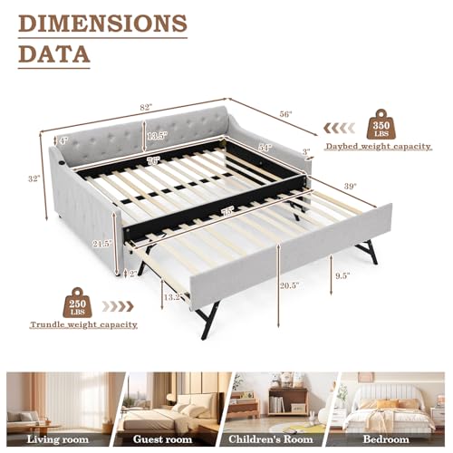 Full Day Bed with Pop Up Trundle,Linen Button Tufted Extending Sofa Couch Bed w/USB&Type C Port,Upholstered Wood Daybed Frame for Living Room,Bedroom,Guest Room,No Box Spring Needed(Beige)