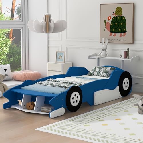 Twin Size Car Bed with Car-light shape LED & Pillow,Wooden Kids Bedframe W/Magazine Holder & Ceiling Cloth,Toy Bedroom Furniture for Boys Kids Toddlers Child,Natural
