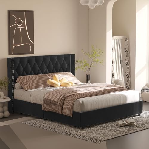 Better Home Products Amelia Velvet Full Platform Bed with 4 Storage Drawer in Grey (Gery, Full - 4 Storage Drawers)