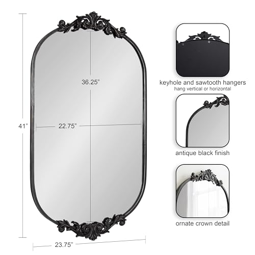 Kate and Laurel Arendahl Traditional Capsule Wall Mirror, 24 x 41, Black, Vintage Glam Baroque-Inspired Round Bathroom Vanity Mirror with Ornate Crown