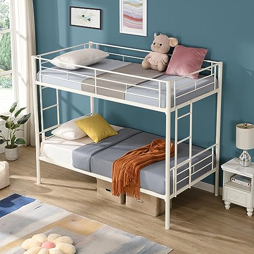 Dolonm Twin Over Twin Metal Bunk Bed, Metal Bed frame with Safety Guardrails and 2 Ladders, Convertible Bunkbeds, No Spring Box Required, Space Saving Design, White