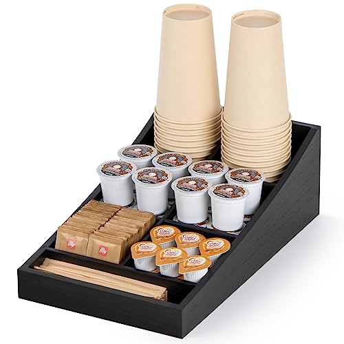 Coffee Station Organizer for Countertop, Coffee Condiment Service Tray, Coffee Bar Supplies Organizer for Home, Office and Breakroom - Wooden, Black, 7 Compartment