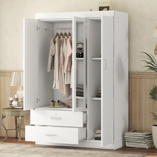 Wood Clothing Organizer Storage Rack, Armoire Wardrobe Bedroom Closet for Bedroom (White, 3-Door Wardrobe with 2 Drawers)