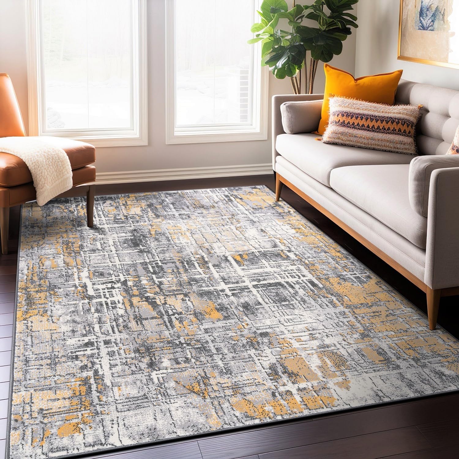 Rugshop Distressed Abstract Stain Resistant Soft Area Rug 5' x 7' Yellow