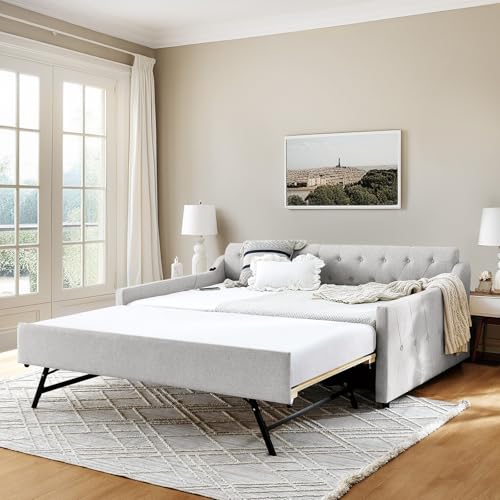 Full Day Bed with Pop Up Trundle,Linen Button Tufted Extending Sofa Couch Bed w/USB&Type C Port,Upholstered Wood Daybed Frame for Living Room,Bedroom,Guest Room,No Box Spring Needed(Beige)