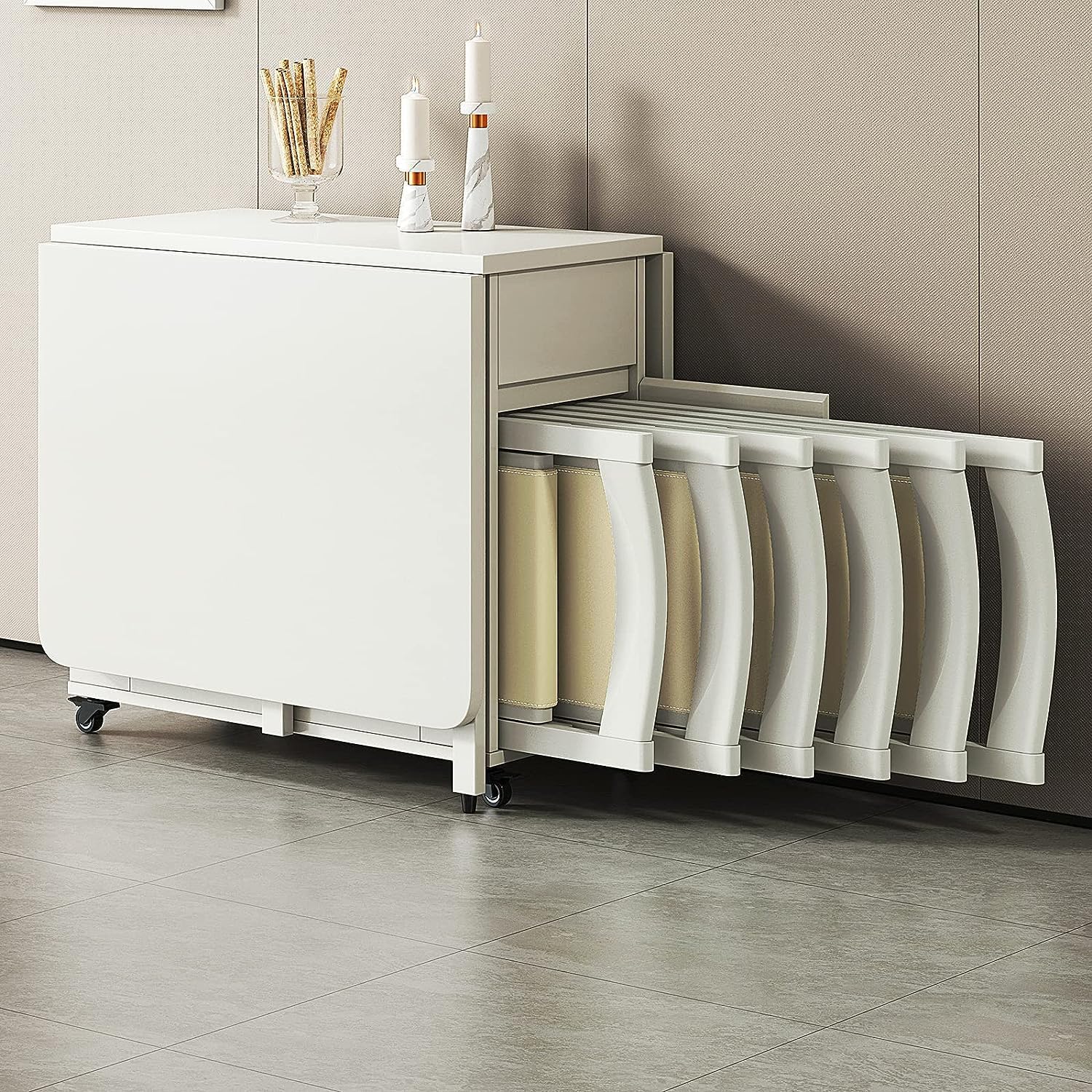 Space Saving Drop Leaf Dining Table Set with 6 Chairs and Storage Drawer - Extendable, Multifunctional Mobile Kitchen Table for Home Living Room and Restaurant