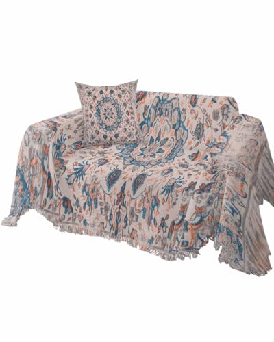 Boho Sofa Cover Couch Covers for 3 Cushion Couch Throw Couch Cover with Tassel Soft Sofa Slipcover Vintage Neutral Floral Pattern Blue Couch Furniture Protector for Dog Pet 71