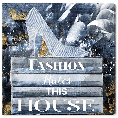 Wynwood Studio Fashion and Glam Contemporary Canvas Art - Fashioner Shoes Bookstack Blue, Wall Art for Living Room, Bedroom, and Bathroom, 12 in x 12, Gray and Gold Home Decor