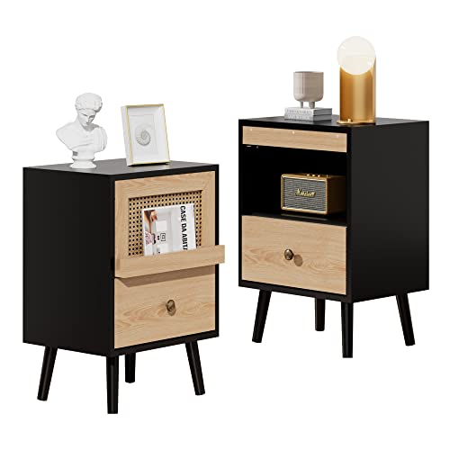 Anbuy Brown Rattan Nightstand Set of 2, Wooden End Side Table, Bedside Table with Door, Night Stands for Bedroom Living Room