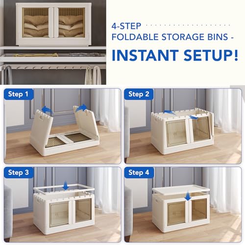 FLEXIMOUNTS Stackable Storage Bins With Lids, Collapsible Plastic Storage Bins, 304 QT-4 Pack Closet Organizers and Storage Containers with Doors For Home, Milky White, 25