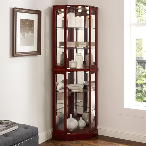 Lighted Display Cabinet Corner Curio Cabinet with Mirrors and Adjustable Shelves, 6-Tier Curio Showcase Floor Stand Collection Art Display Case for Bar Living Room Kitchen Pantry (Cherry)