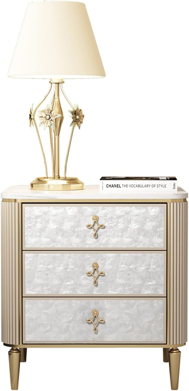 Light Luxury Nightstand, Bedside Table with 3 Drawer, Natural Shell Decorative Storage Cabinet, Bedroom Furniture, Side Table with Gold Metal Frame