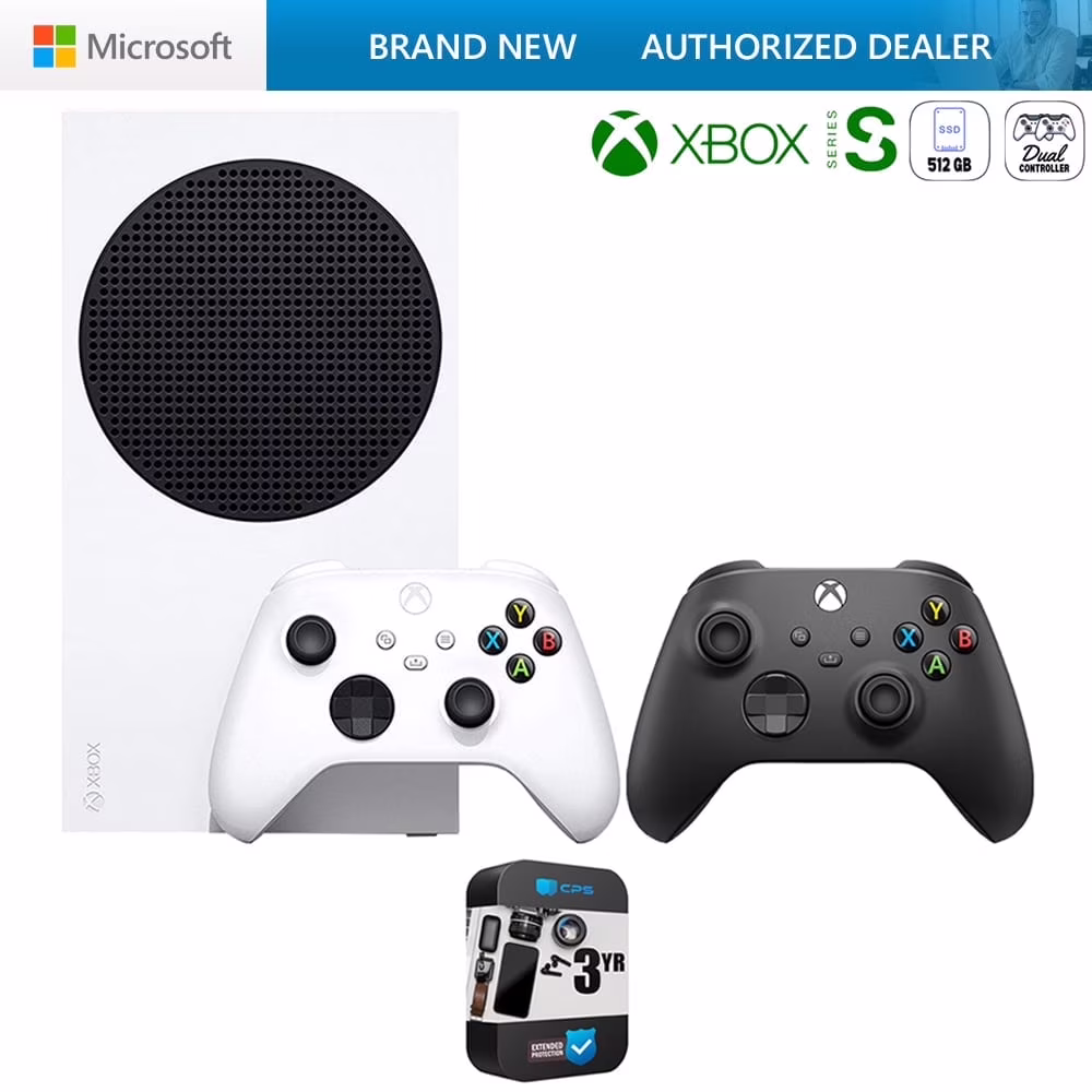 Microsoft RRS-00001 Xbox Series S 512 GB SSD All Digital, Disc-Free Gaming Console, White with Dual Controller (White & Carbon Black) Bundle with 3 Year Warranty| Official Microsoft USA Dealer