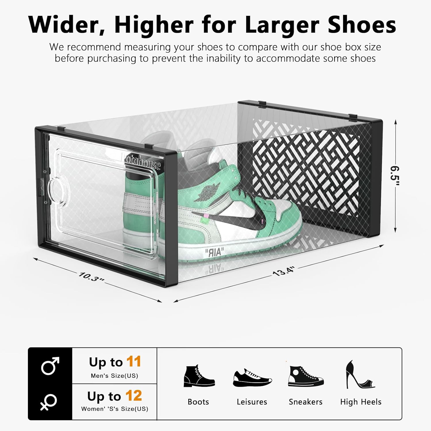 Potahouse® Shoe Storage Box Upgraded X-Large 12 Pack Shoe Box Stackable Clear Door Fit US Size Men's 11 Women's 12, Shoe Organizer for Closet Sneaker Storage for Entryway Dorm Office, Black