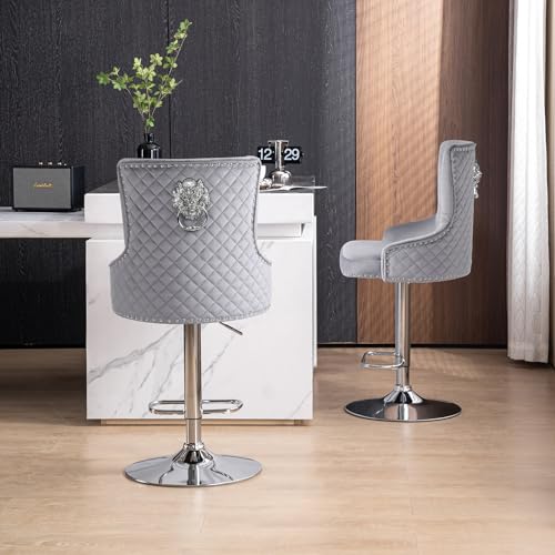 Velvet Bar Stools Set of 2 Modern Counter Height Bar Stools with Lion Pull Ring Tufted Back, Nailhead Upholstered Barstools for Home Kitchen Island, Swivel Adjustable Stool Chair in Black