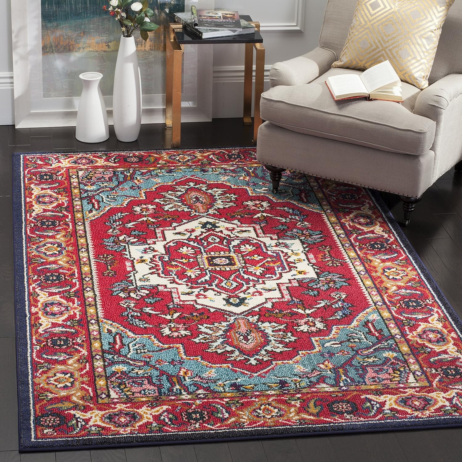 SAFAVIEH Monaco Collection Accent Rug - 3' x 5', Red & Turquoise, Boho Oriental Medallion Design, Non-Shedding & Easy Care, Ideal for High Traffic Areas in Entryway, Living Room, Bedroom (MNC207C)
