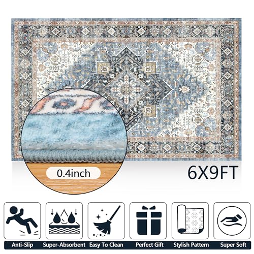 Washable Rug 4x6, Machine Washable Area Rugs with Non Slip Bottom, Vintage Rug for Living Room Bedroom, Traditional Print Floral Rug Carpet Stain Resistant, Green/Navy Boho Rug, 4 x 6 Carpet