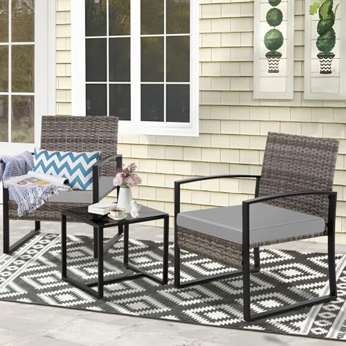 3 Piece Outdoor Patio Bistro Set, All-Weather Wicker Chairs and Table Set of 2, Rattan Balcony Furniture Set for Front Porch Apartment, Brown/Brown