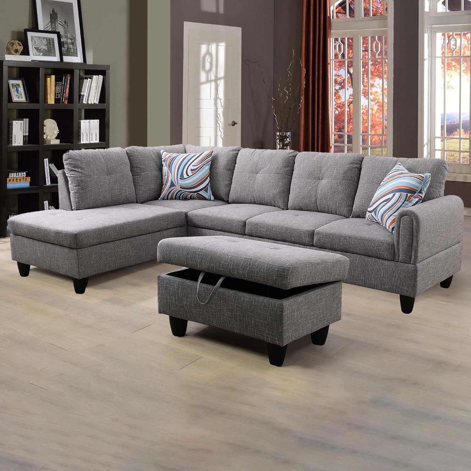 3-Piece Flannel Sectional Sofa Set with Left Facing Chaise and Storage Ottoman, Pillow, L-Shaped Couch for Living Room, Office, Apartment, Grey