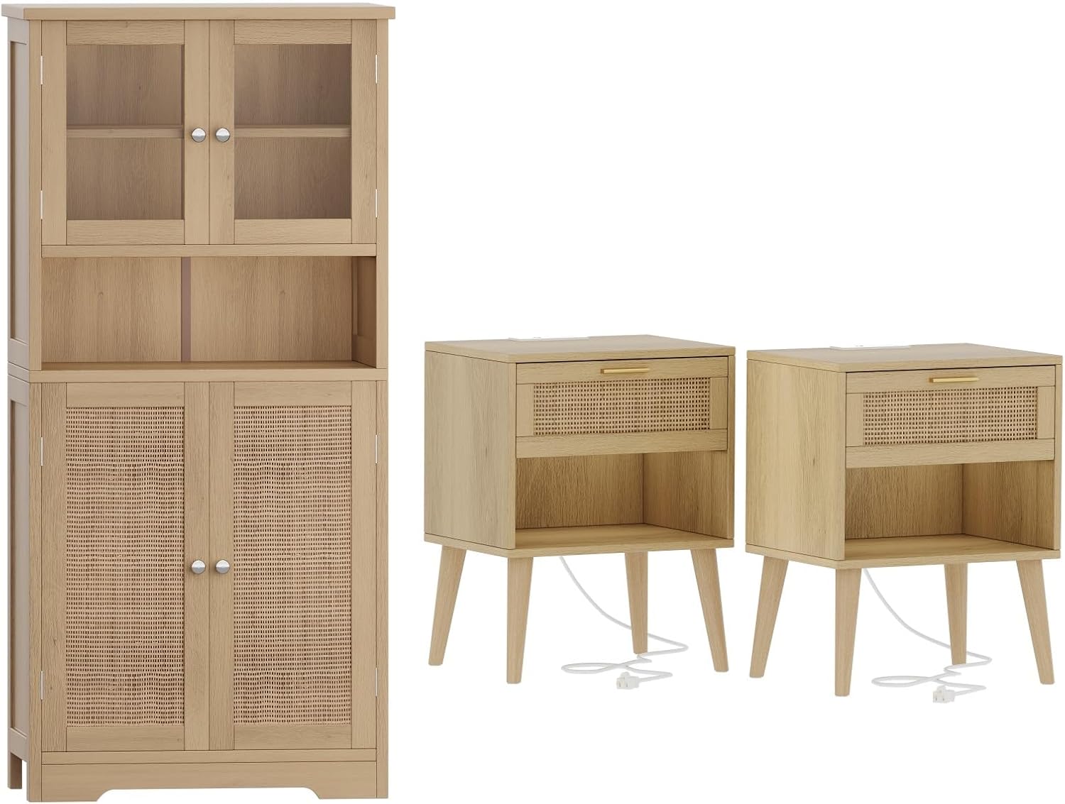 Irontar Rattan Bathroom Storage Cabinet, Large Display Cabinet with Rattan Doors, Nightstands Set of 2 with Charging Station & Rattan Drawer, Boho Style End Table with Open Storage