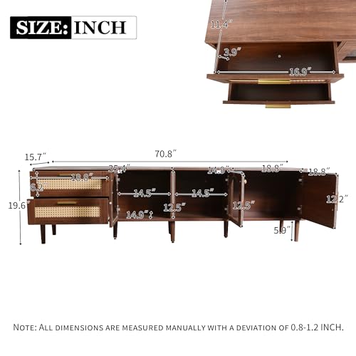Rattan TV Stand for 75 Inch TV-Modern Media Console with 3 Cabinets & 2 Drawers, Entertainment Center with LED Light, Wood TV Console Furniture for Living Room (Brown)