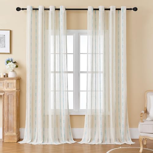 Estelar Textiler Grey Linen Curtains for Living Room 2 Panels, Embroidered Boho Curtains 84 Inches Long for Bedroom, Light Filtering Grommet Semi Sheer Drapes for Dining Room, 52Wx84L, Gray