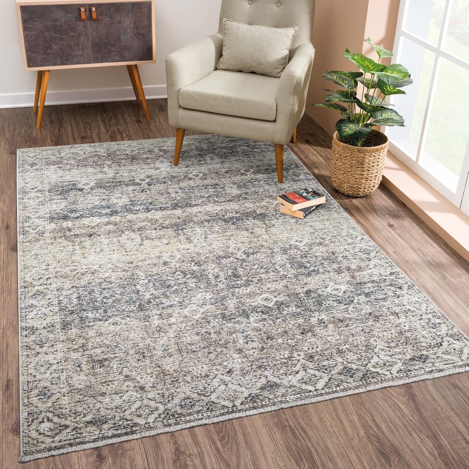 Bloom Rugs Caria Washable Non-Slip 8x10 Rug - Beige Brown/Teal Traditional Area Rug for Living Room, Bedroom, Dining Room, and Kitchen - Exact size: 7'8