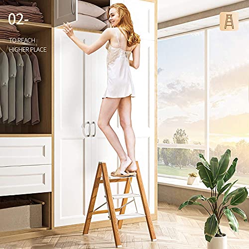 3 Step Ladder Folding Step Stool with Anti-Slip Sturdy and Wide Pedal, Aluminum Portable Lightweight Ladder Shelf Multi-Use for Home and Kitchen, Woodgrain 330 lbs