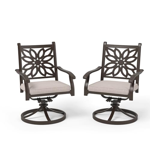PHI VILLA Cast Aluminum Outdoor Patio Swivel Dining Chairs, Extra Wide Armrest Chairs with Seat Cushion, Casting Aluminum Back for All Weather, Set of 4