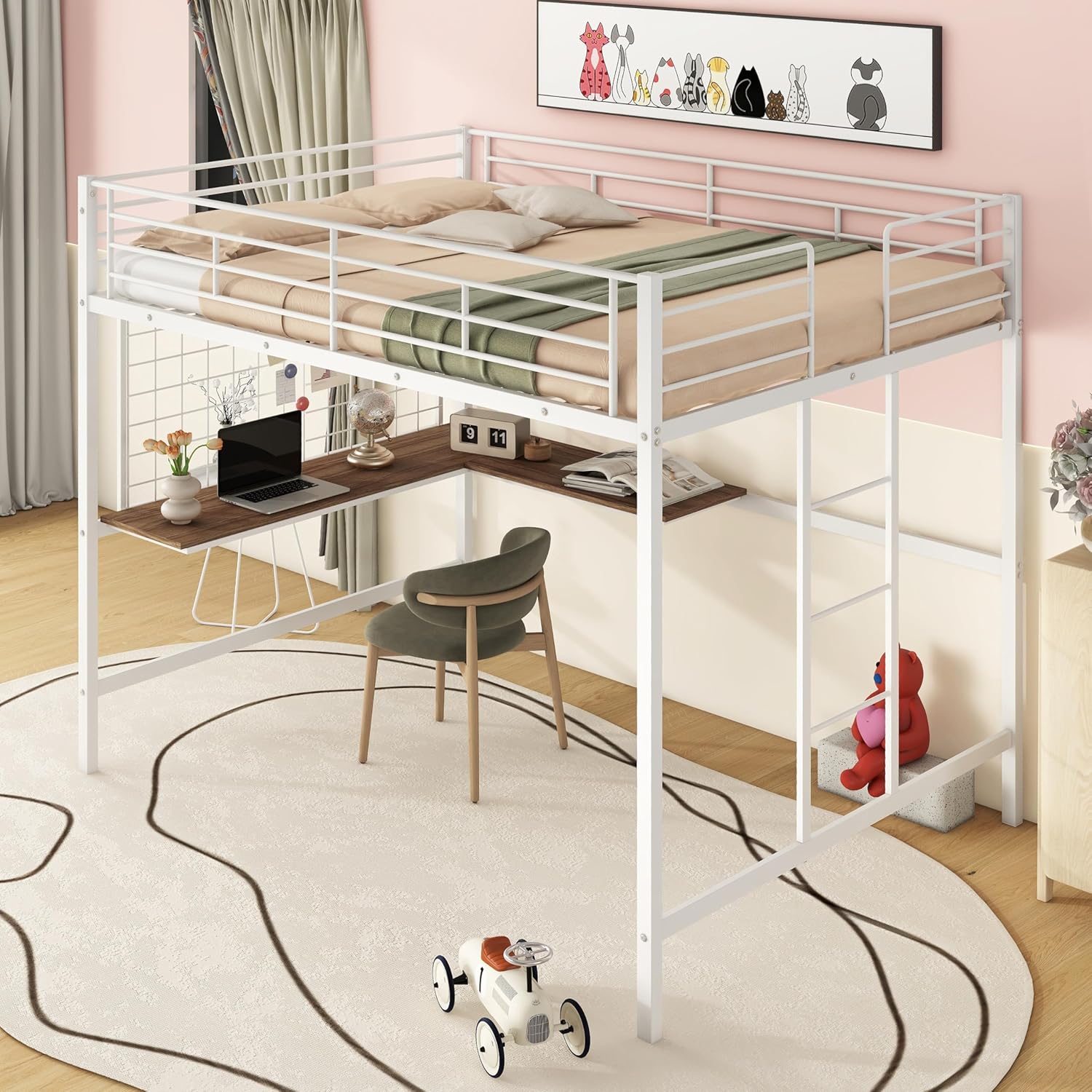 Harper & Bright Designs Full Size Metal Loft Bed Frame, Loft Bed Full with L-Shape Desk and Metal Grid, Space Saving Full Loft Bed with Desk Underneath for Kids,Teens (Full, White)
