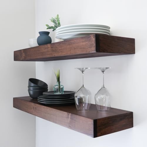 Modern Floating Shelves 3 Inches Thick for Wall, Wide Shelves for Kitchen, Living Room, Bedroom, and Bathroom, Natural Pine Wood, Rustic Wooden Shelf, (Set of 2) (Jacobean, 24Lx3Hx6D)