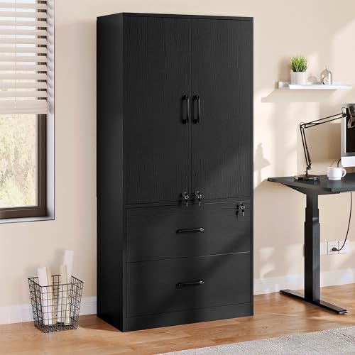 YITAHOME Wood File Cabinets, Heavy Duty Garage Tool Cabinets with Doors & Adjustable Shelves, Big Storage Filing Lockers for Home Office, Living Room, Pantry, Gym, Basement, Warehouse, Black