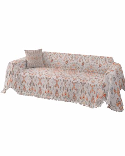 Boho Sofa Cover Couch Covers for 3 Cushion Couch Throw Couch Cover with Tassel Soft Sofa Slipcover Vintage Neutral Geometric Floral Texture Pink Couch Furniture Protector for Dog Pet 71