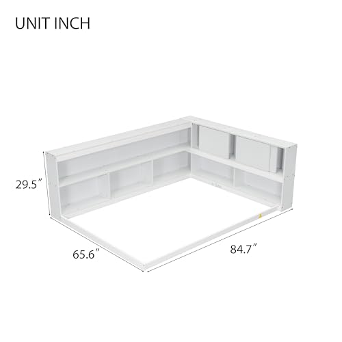 Full Size Floor Bed with Storage Shelves, Sliding Doors Cabinet, L-shape Bookcase, Wooden Bed Frame without Slats, Grey