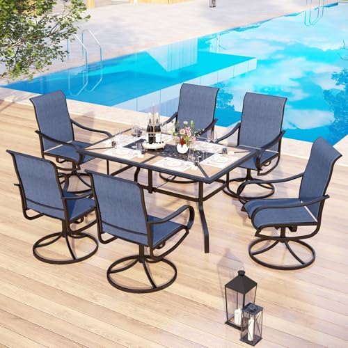 MFSTUDIO 7 Pieces Patio Dining Set, Rectangular Black Metal Table with 6 Padded Textilene Fabric Swivel Chairs, Outdoor Furniture Set with Umbrella Hole for Garden, Poolside, Backyard, Porch