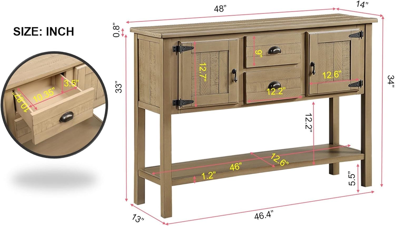 Farmhouse Sideboard Buffet Cabinet with Large Storage Space,Retro Accent Cabinet with 2Drawers,2Doors,Top Table,Bottom Table,48”Narrow Console Table,Solid Wood Storage Cabinet for Entryway