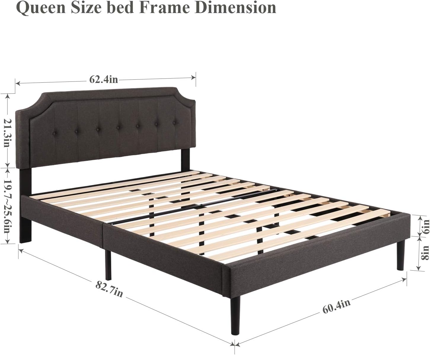 VECELO Premium Upholstered Platform Bed Diamond Stitched Panel Headboard, Metal Frame & 12 Strong Wood Slat Support, Mattress Foundation/Easy Assembly,Queen, Dark Gray