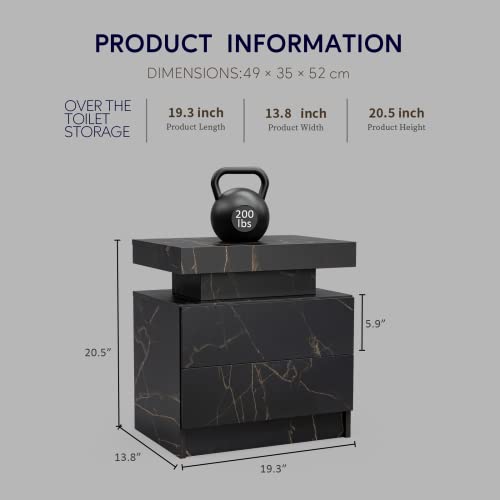 LED Nightstand,High Gloss Bedside Tables with 2 Drawers,Floating Nightstand with 16 Color & Adjustable Brightness Embedded LED Light Strip (Black Gold)