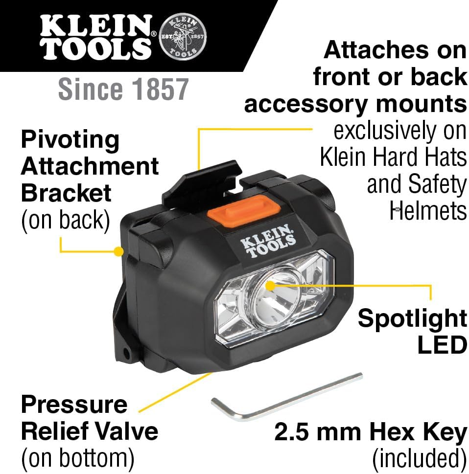 Klein Tools 60156 Intrinsically Safe LED IP67 Headlamp for Hazardous Areas, Mounts to Klein Hard Hats and Safety Helmets