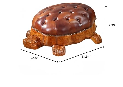 Wood Ottoman Footstool,Sofa Stool，Leather Upholstered Vintage Turtle Footrest Stool with Wheels (Dark Brown)
