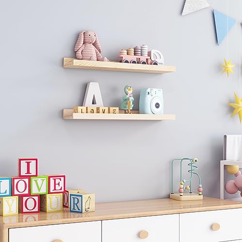Picture Ledge Shelf for Wall, 24 inch Solid Pine Wood Nursery Book Shelves 2 Packs, Floating Ledge Shelves for Kids' Room Bedroom Bathroom Living Room Photo Frames Office Nursey Wall Decor, White