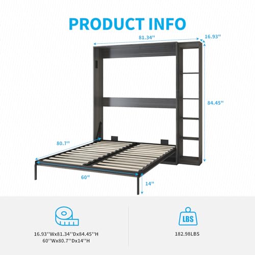 Mjkone Large Murphy Bed with Dual Side Cabinets, Space-Saver Foldable Wall Bed for Bedrooms, Murphy Chest Bed with Extra Storage, Adults Bed Converts into a Compact Cabinet (Dark Grey)