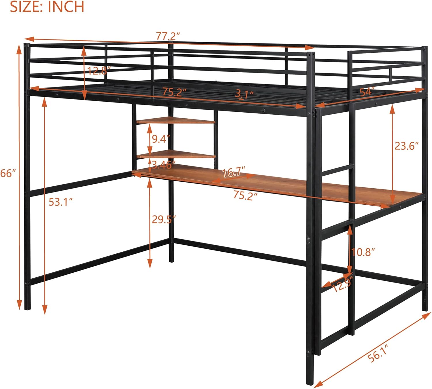 Full Size Bed for Kids & Teens, Multifunctional Metal Loft Bedframe with Built-in Desk & 2 Storage Shelves, Safe Guardrail & Ladder, Maximum Space Saving, No Box Spring Needed, Black