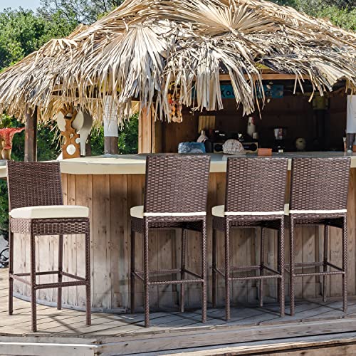 Outdoor Bar Stools Set of 2 Wicker Counter Height Bar Stools Patio Chairs Bar Height Patio Stools & Bar Chairs with Footrest Armless Cushion Navy Blue All Weather Rattan for Garden Pool Lawn Backyard