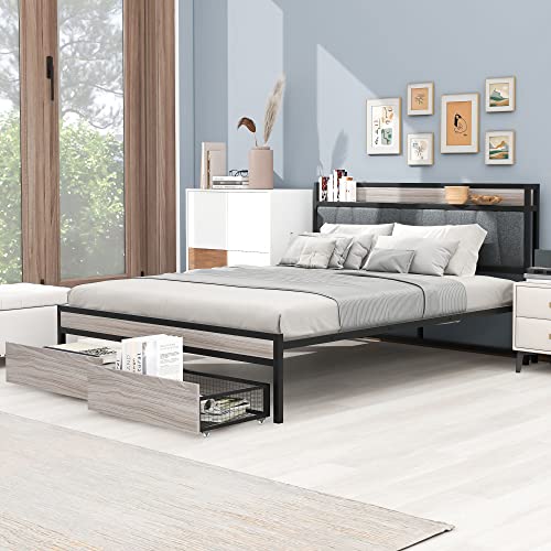 Heavy Duty Metal Platform Bed Mattress Foundation w/Upholstered Headboard &Storage Shelf for Home, Mid-century Panel Bed Steel Bedframe w/2 Drawers,Outlets &USB Charging Ports for Adults (Queen,White)