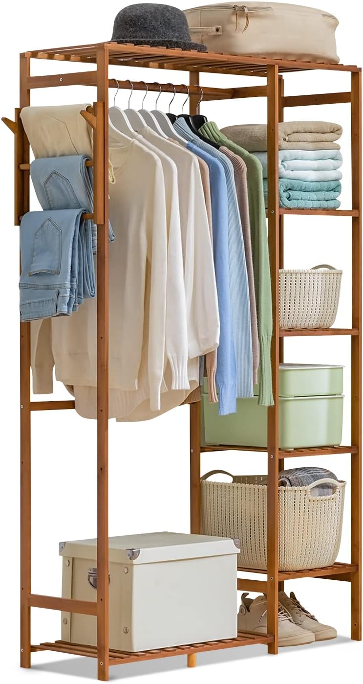 MoNiBloom Bamboo Garment Rack with Shelves 6 Tier Closet Coat Storage Organizer Clothes Hanging Rack with Pants Rack & Hooks for Bedroom, Living room, Office, Mudroom, Brown
